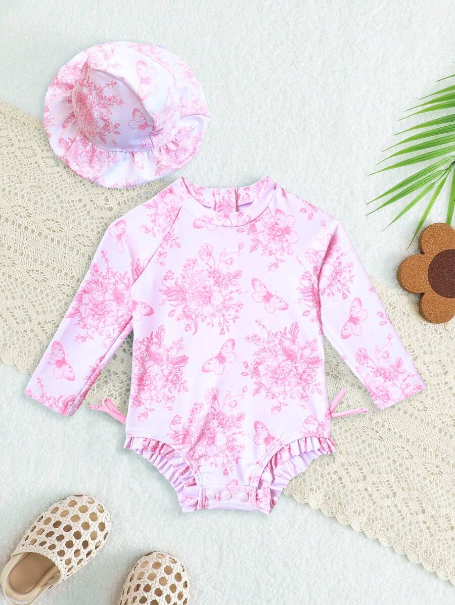 SHEIN Newborn Baby Girl Cute Flower Print Ruffle Long Sleeve Rash Guard Swimsuit With Swimming Cap, Suitable For Summer Beach Vacation Newborn Baby Girl Clothes Set Baby Clothes For Girls Tropical Baby Clothes Girl Newborn Baby Clothes For Girls Baby Girl Clothes Nuteral