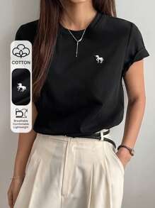 DAZY Camiseta de mujer de manga corta con cuello redondo, simple y bordada, para uso casual diario y de oficina