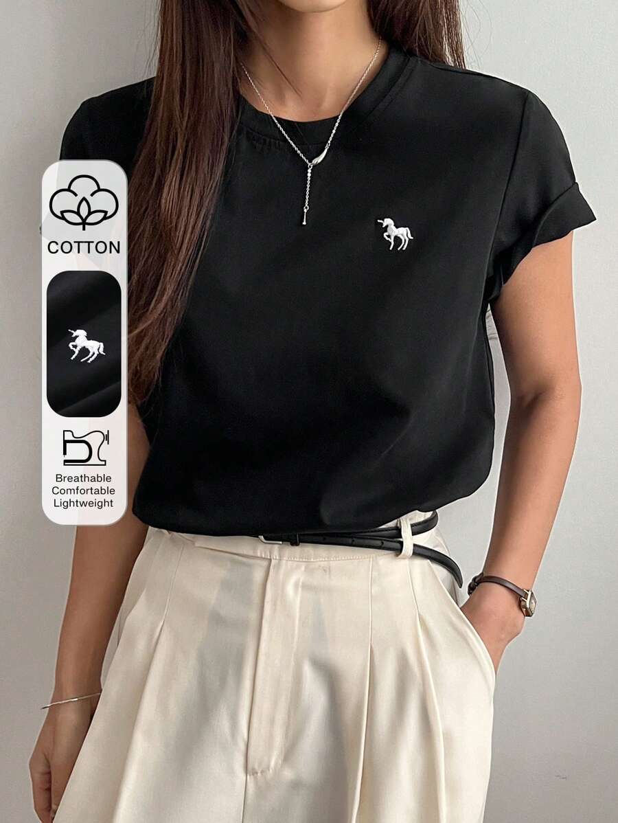 DAZY 女士短袖圆领简约刺绣 T 恤，休闲日常穿着，商务休闲女士 - 黑色 - 查看 1