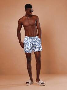 SUMWON Designer Abstract Pattern Beach Shorts Summer Swimming Trunks Vacation Pool Party Resort Wear Athletic Sport Swim Shorts - Blue and White - View 3