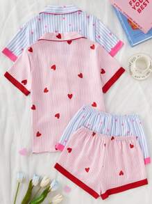 SHEIN Set de 2 piezas con parte superior de polo de manga corta de apertura frontal y pantalones cortos de bloqueo de color con estampado de burbujas y patrón de corazón