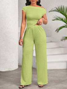 SHEIN Lady 白色弹力纹理不对称领上衣和阔腿裤配松紧腰带裤子女两件套休闲日常优雅四季皆宜 - 青檸色 - 查看 6