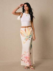 Poéselle 女士优雅长款雪纺裙，饰有精致花卉印花和拉链细节 - 白色 - 查看 2