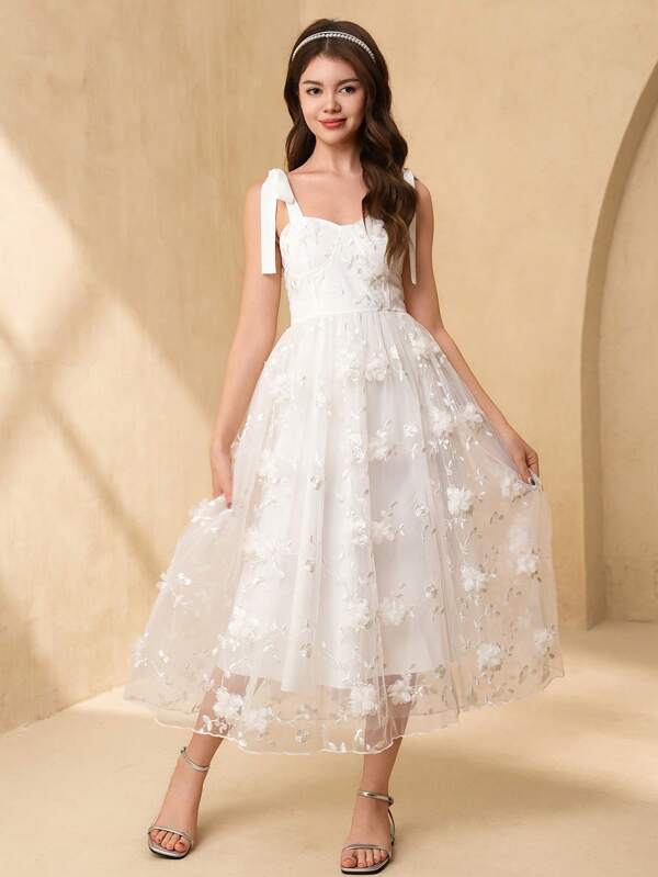 SHEIN Vestido elegante para niñas de las flores/fiesta de boda para adolescentes, para todas las estaciones, vestido midi con decoración floral de malla, lazo en la espalda, vestido princesa de gran vuelo de moda para niñas