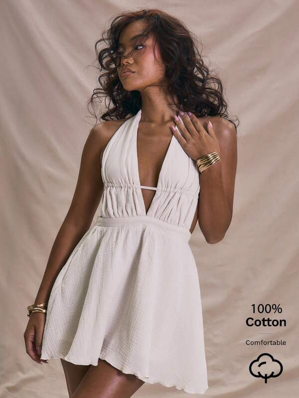 MUSERA Vestido mini sin mangas de lino con cuello en V y cuello halter, cintura ceñida, elegante para vacaciones de verano. Vestido suave y lindo para festival de playa de Ibiza, cita nocturna, salida nocturna, cumpleaños, otoño e invierno