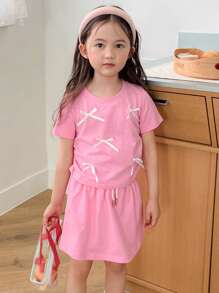 DAZY Set de 2 piezas de moda para niña: Camiseta de manga corta de cuello redondo de punto + Falda - Rosa - Ver 7