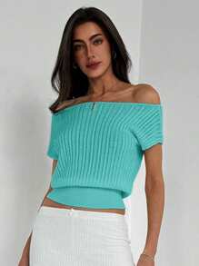 Aloruh 简约优雅露肩针织修腰女式 T 恤，百搭穿着 - 淺藍色 - 查看 4