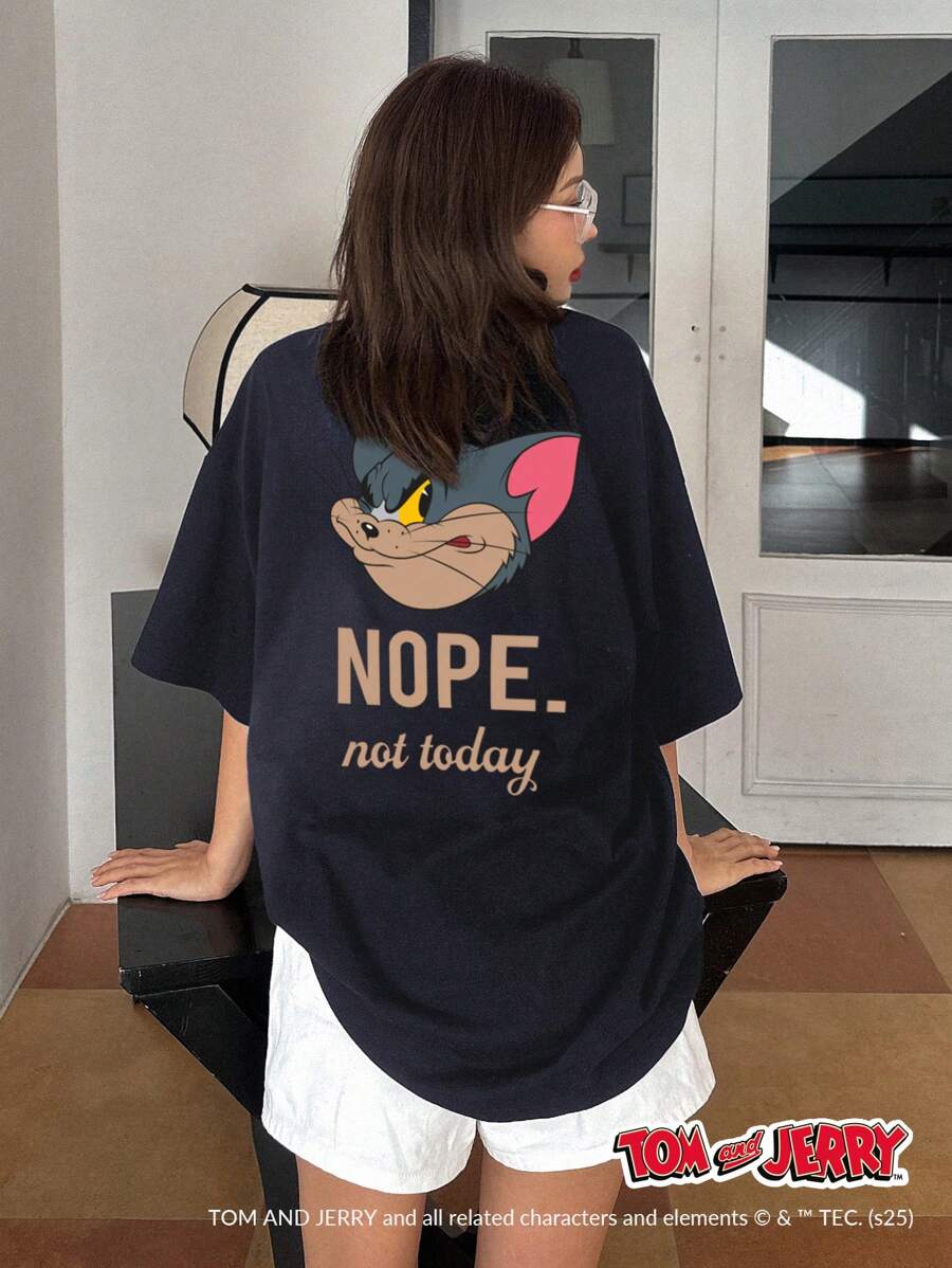 TOM AND JERRY X DAZY 宽松圆领字母印花长款休闲短袖T恤女可爱上衣超大码T恤，教师装学院风上衣