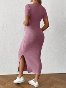 SHEIN Maternity Solid Square Neck Short Sleeve Casual Split Side Fitted Dress - Hot Pink - View 2