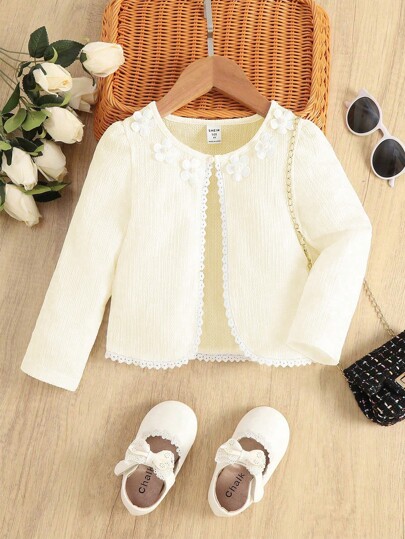 SHEIN Chaqueta de cárdigan blanca elegante, dulce y bonita a juego para niñas, con decoración floral de tela elástica 3D a rayas texturizada, adecuada para primavera, verano y otoño