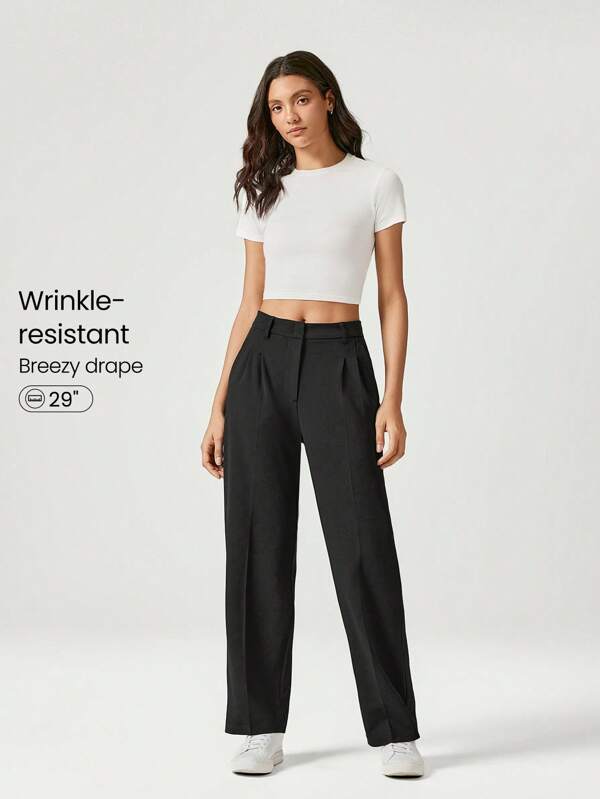 GLOWMODE 29" Wrinkle-Resistant Stretchy Wide Leg Work Pants With Side Pockets Daily Office