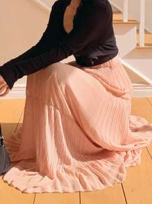 DAZY 女士纯色荷叶边雪纺飘逸半身裙 - 粉色 - 查看 2