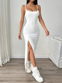 SHEIN EZwear Plus Size Women Boho Solid Color Simple Spaghetti Strap Open Slit Jumpsuit Dress White Romper White Bodysuit White Set Women White Club Outfit - White - View 4