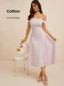 L'Amorae 优雅露肩淡粉色春夏喇叭细节中长太阳裙，女式复活节连衣裙，女士夏季服装 - 黃色 - 查看 1