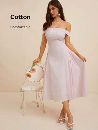 L'Amorae 优雅露肩淡粉色春夏喇叭细节中长太阳裙，女式复活节连衣裙，女士夏季服装