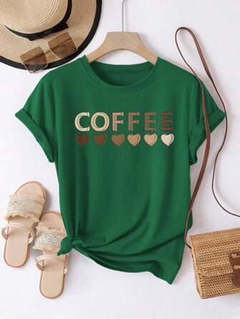 SHEIN LUNE Damen Große Größen Sommer Lässig Rundhals T-Shirt mit Kaffee- und Herzmuster, Kurzarm