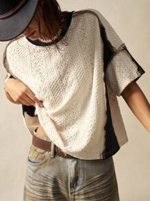 Bohemela 大码女式夏季撞色圆领落肩宽松休闲T恤 - 黑與白 - 查看 3