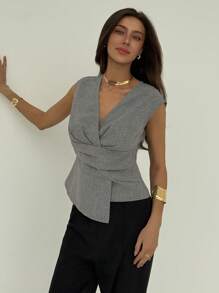 Aloruh Elegant Solid Color Minimalist V-Neck Cross Waist Pleated Asymmetric Hem Puff Sleeve Blouse, Versatile Grey Shirt