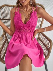 SHEIN VCAY Guipure Lace Panel Cami Dress - Hot Pink - View 5