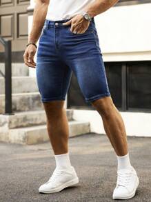 Manfinity Homme Pantaloni scurți din denim pentru bărbați, casual, spălați, cu buzunare oblice, croială slim, de vară - Spălare medie - Vizualizare 3