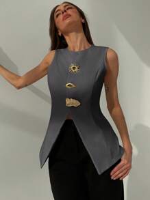 Aloruh 简约优雅圆领修身金属装饰开衩女式办公室西装外套，秋冬