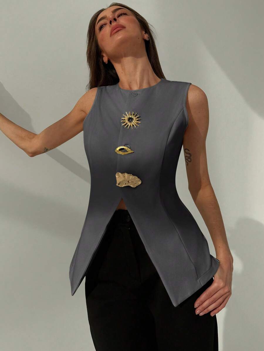 Aloruh 简约优雅圆领修身金属装饰开衩女式办公室西装外套，秋冬