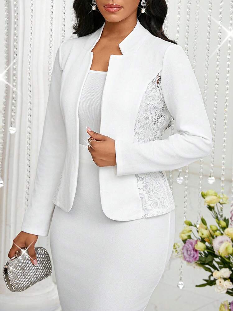SHEIN Lady Conjunto de Blazer e Saia de Renda com Cor Sólida Elegante para Uso Diário, Terno Casual de Negócios para Mulheres de Escritório, Traje de Negócios Feminino para Outono/Inverno - Branco - Visão 7