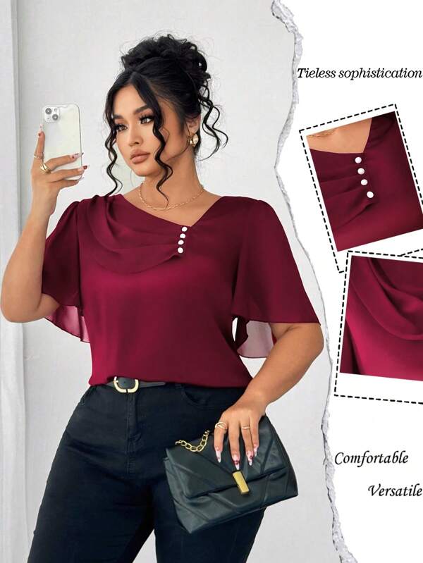 Elenzga Camisa elegante y casual de manga corta con cuello con volantes asimétrico, decoración con botones y talla grande