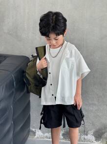 SHEIN Camicia casual con cappuccio a maniche corte in tessuto strutturato stile coreano da ragazzo, adatta per pendolarismo, scuola, abbigliamento casual quotidiano, sport, primavera/estate