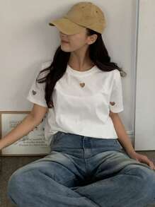 DAZY Women Loose Fit Heart Cutout Short Sleeve T-Shirt, Stylish Design