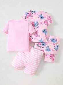 4pcs/Set Infant Baby Girls Striped & Multicolor Cartoon Teddy Design Soft Stretchy Short Sleeve Romper & Shorts Pajamas Set, Summer Mother Day Gift Graduation Gift Summer Clothes Snug Fit Tight Fit Pajamas