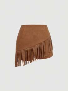 SHEIN MOD 2pcs Women Brown Suede Fringe Set, Suitable For Music Festival, Western Outfit