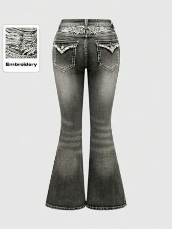 Grunge Punk Jeans décontractés à évasé avec poche et broderie d'ailes pour grandes tailles femmes