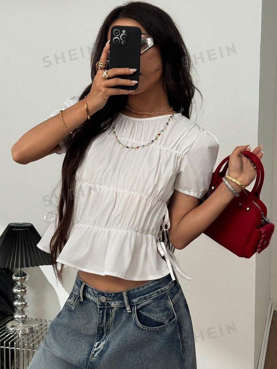 Coolane Blusas de manga corta con cuello redondo, pliegues, fruncidos, cordones y abertura lateral para mujeres, estilo Y2K para primavera y verano, para citas, festivales de música y conciertos