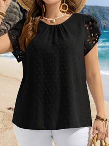 EMERY ROSE 加大码女式圆领短袖休闲衬衫夏季热带度假海滩简约上衣 - 黑色 - 查看 4