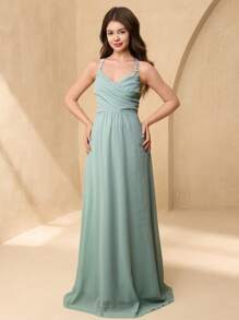 SHEIN Váy chữ A bằng vải chiffon bồng bềnh có họa tiết hoa dành cho thiếu nữ và bé gái, thích hợp cho tiệc cưới, tiệc tùng, biểu diễn, sinh nhật, phù dâu - màu xanh lá - Xem 4