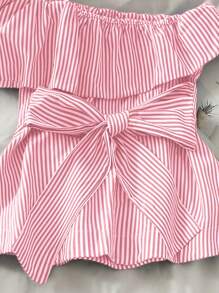 INAWLY Blusa da donna con colletto asimmetrico, righe, balze sul fondo e nodo in vita