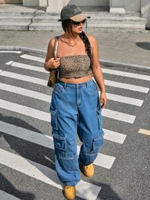 SHEIN ICON Plus Size Casual Multi-Pocket Loose Fit Cargo Denim Jeans - Blue - View 1