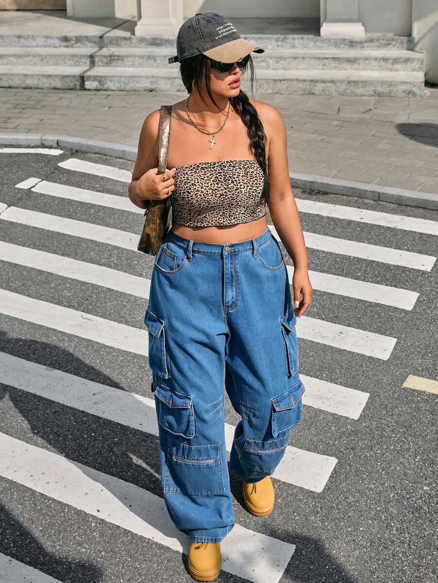 SHEIN ICON Plus Size Casual Multi-Pocket Loose Fit Cargo Denim Jeans - Blue - View 1
