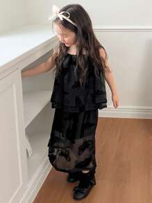 DAZY Ensemble camisole noire élégante de style chinois en jacquard et jupe fendue pour jeune fille, été - Noir - Voir 2