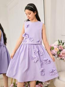 Conjunto de 2 piezas para niña preadolescente, compuesto por un chaleco sin mangas elegante con flores 3D moradas y una falda midi de cintura elástica, para el verano