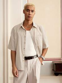 SWAVVY Men's Casual Plaid Letter Embroidery Loose Woven Short Sleeve Khaki Boxy Shirt, For Summer Outfit
