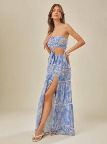 L'Amorae Women's Floral Print Strapless Open Backless Side Slit Sexy Dress, For Vacation - Multicolor - View 3