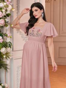 SHEIN 孕妇夏季优雅花卉刺绣连衣裙 - 粉色 - 查看 3