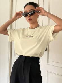 DAZY Camiseta de cuello redondo con gráfico de letras, camiseta holgada de verano