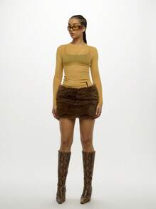 SUMWON WOMEN Halloween Luxury Faux Fur Mini Winter Mini Skirt Textured Furry Chic Club Party Evening Fall Fashion High Waisted Plush Cozy Glamorous Layered - Mocha Brown - View 3