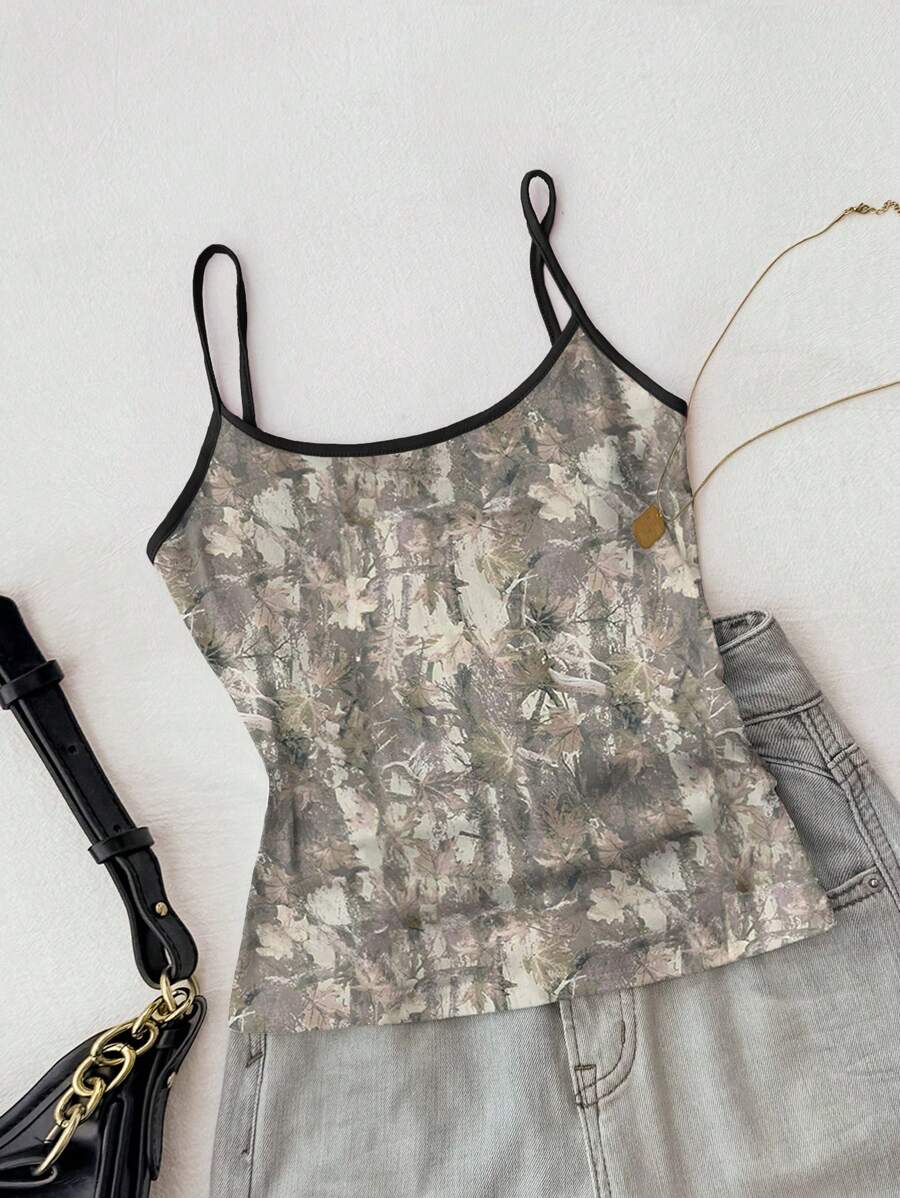 INAWLY 夏季休闲迷彩印花与撞色饰边吊带背心