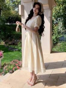 DAZY Square Neck Puff Sleeve Lace Ruffle Hem A-Line Midi Dress For Women,Casual Women Dresses - Beige - View 6