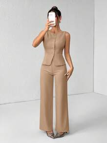 SHEIN PETITE Conjunto elegante de oficinista de unicolor con chaleco de cuello redondo de un solo botón y pantalones para mujer, traje de oficina de verano y otoño, ropa de mujer, conjunto de negocios casuales, dos piezas, conjuntos de blazer de mujer para otoño - Camel - Ver 5