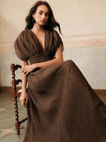 Anewsta Women's V-Neck Ruched Waist Dress With Tied Shoulder Sleeves, Beach Holiday Outfit Spring/Summer